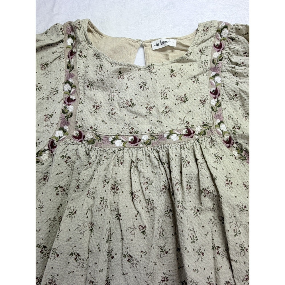 In Loom Beige Cotton Linen Embroidered Lined Babydoll Floral Blouse Women's L